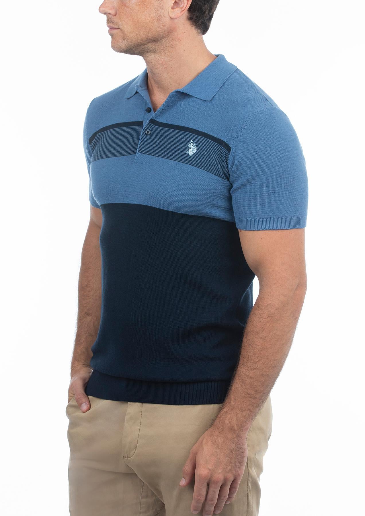 USPA Men&#39;s Stripe Knit Polo Blue